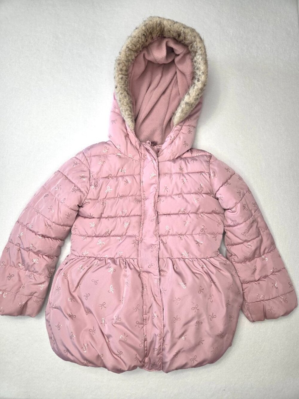 The Children’s Place Girls 5T Pink Puffer Coat Faux Fur Hood Metallic Bows